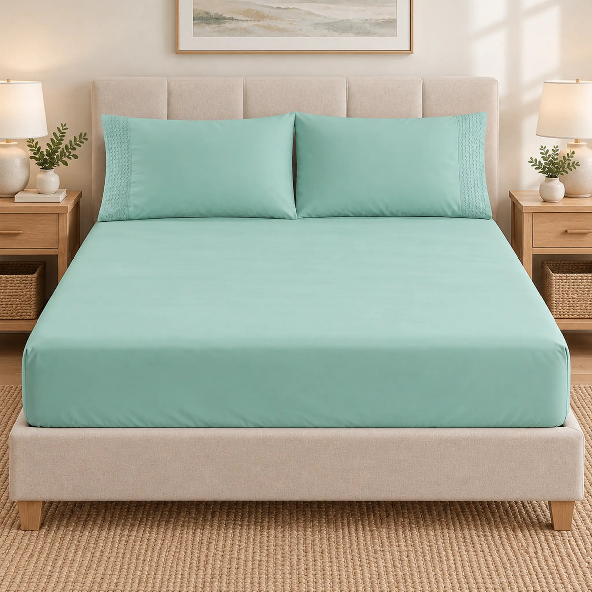 Forro ajustable liso con 2 sobrefundas bordadas, color Verde Menta – vista frontal