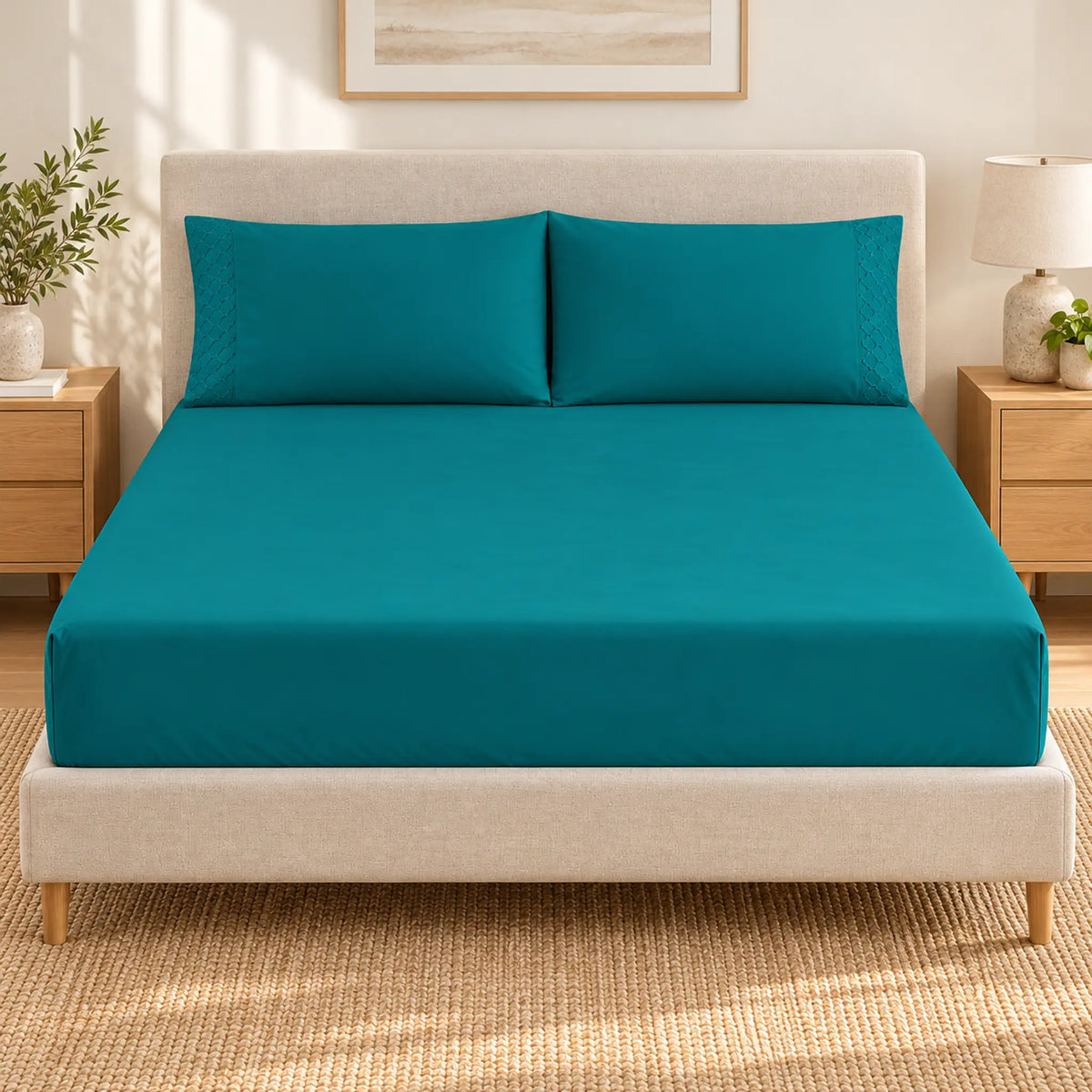 Forro ajustable liso con 2 sobrefundas bordadas, color Verde Petróleo – vista frontal
