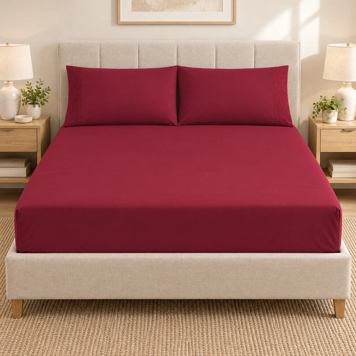 Forro ajustable liso con 2 sobrefundas bordadas, color Vino – vista frontal