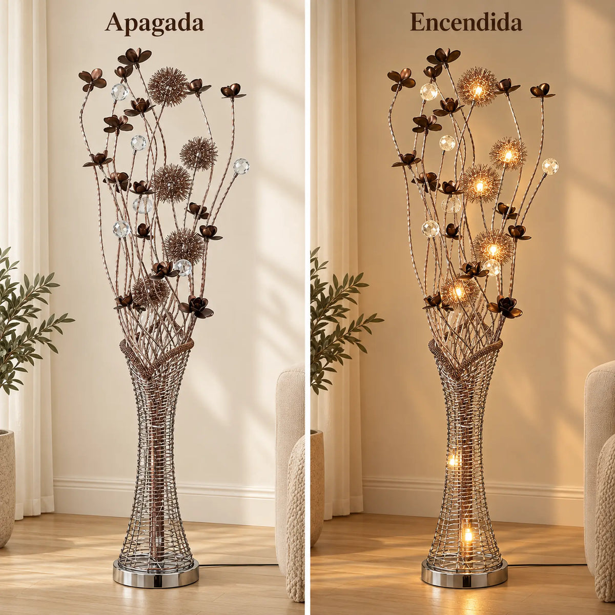Lámpara de piso LED floral, diseño Floral Bronce – comparación apagada y encendida