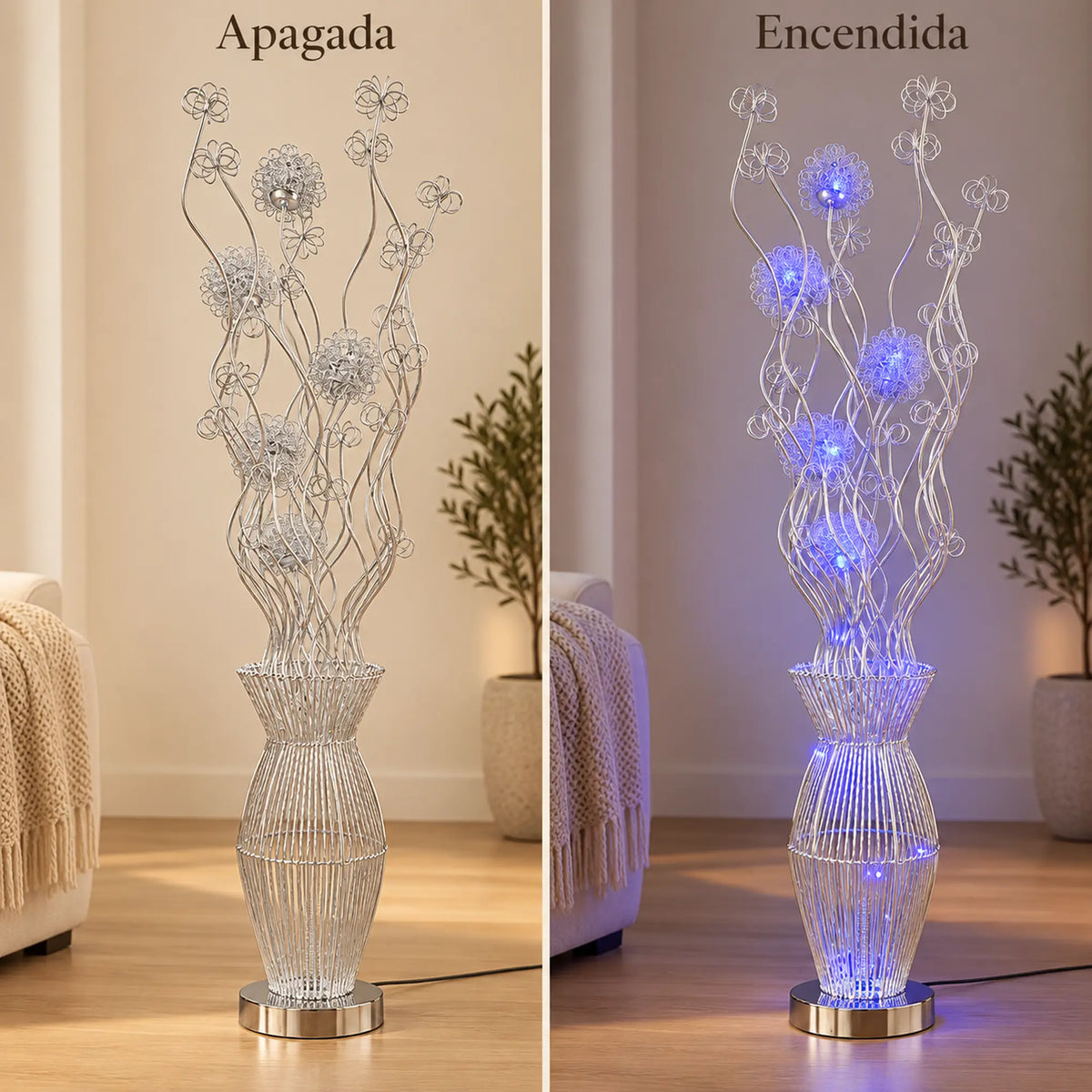 Lámpara de piso LED floral, diseño Floral Rizada Plateada – comparación apagada y encendida