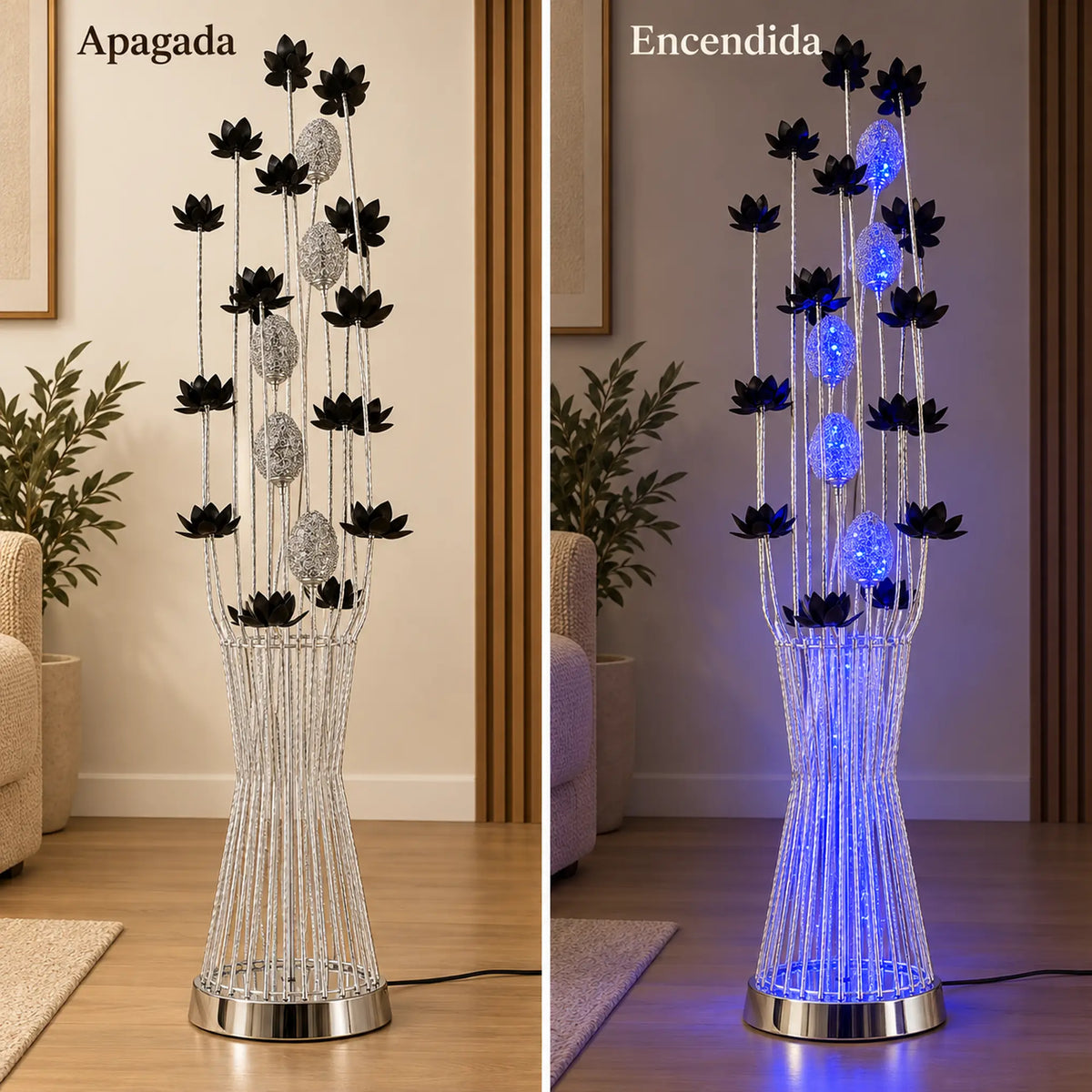 Lámpara de piso LED floral, diseño Lotos Negros Plateada – comparación apagada y encendida