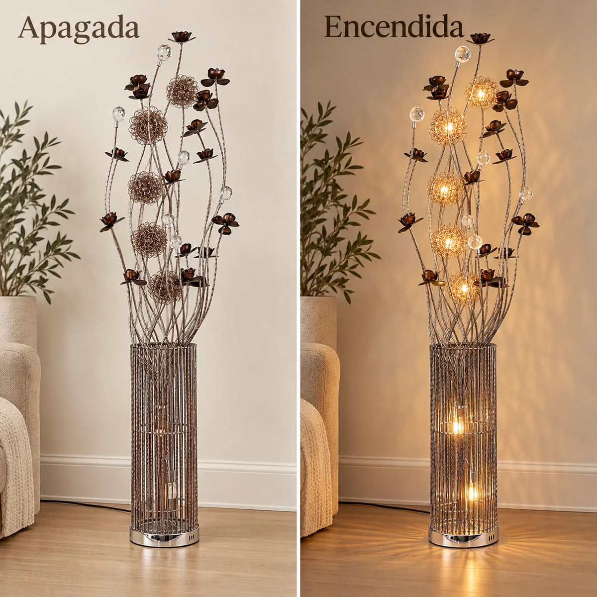 Lámpara de piso LED floral, diseño Rosas Bronce Cilíndrica – comparación apagada y encendida