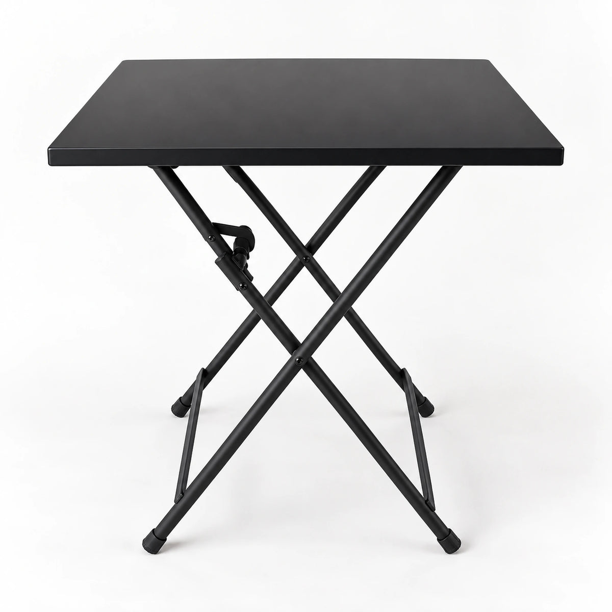 Vista frontal de la mesa plegable metálica negra multiusos