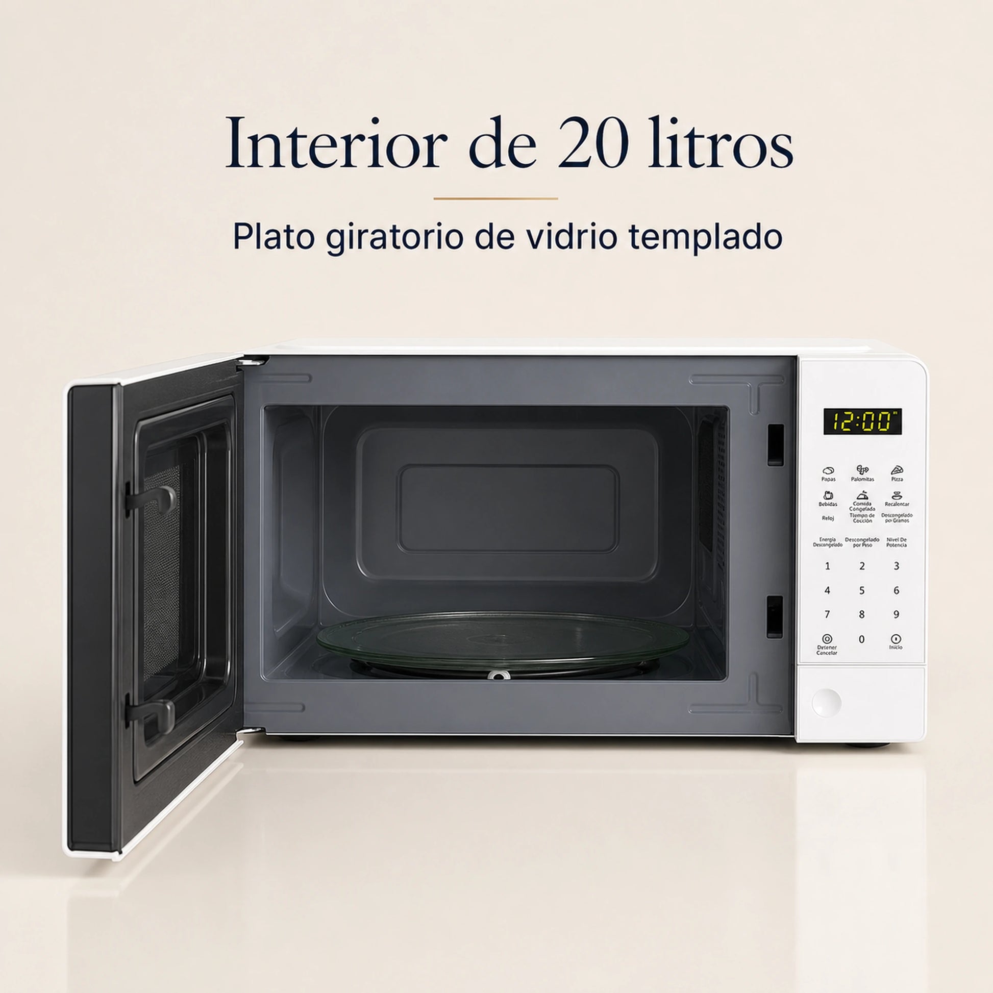 Interior del microondas Oster OGGE3701 con plato giratorio de vidrio templado