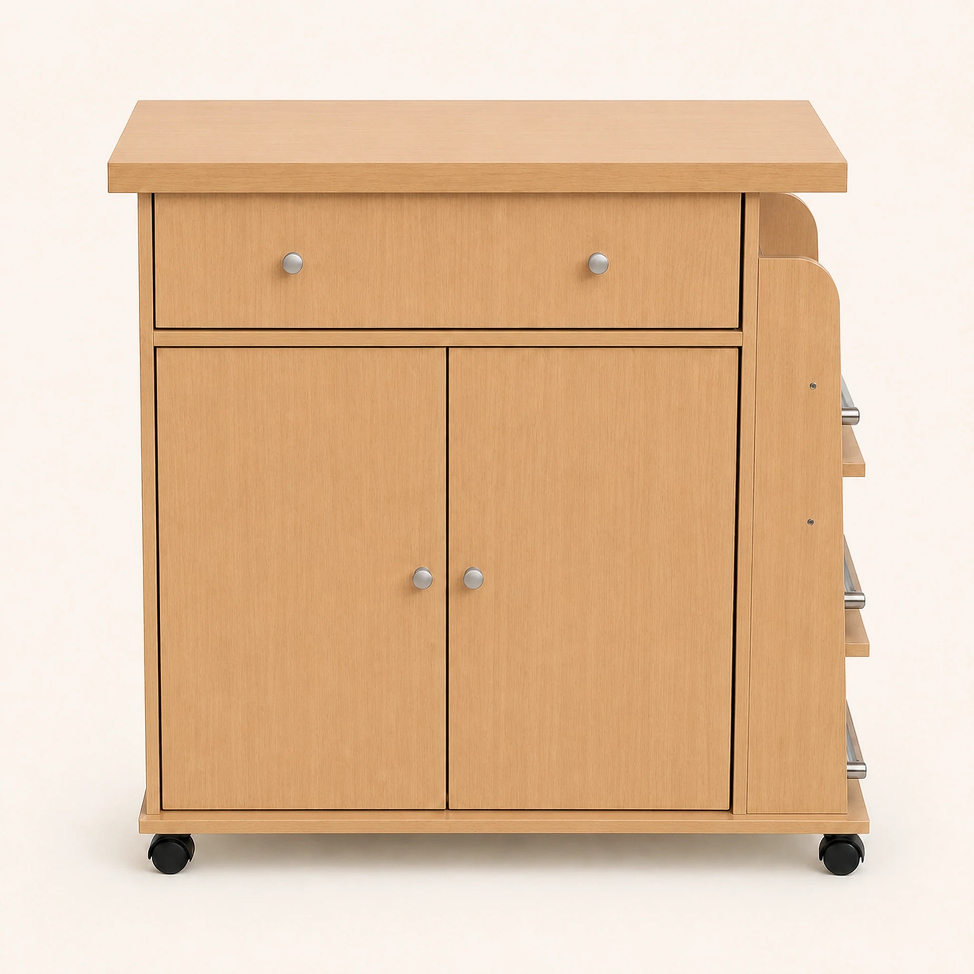 Vista frontal del carrito auxiliar de cocina Madera Beige con cajón y gabinete