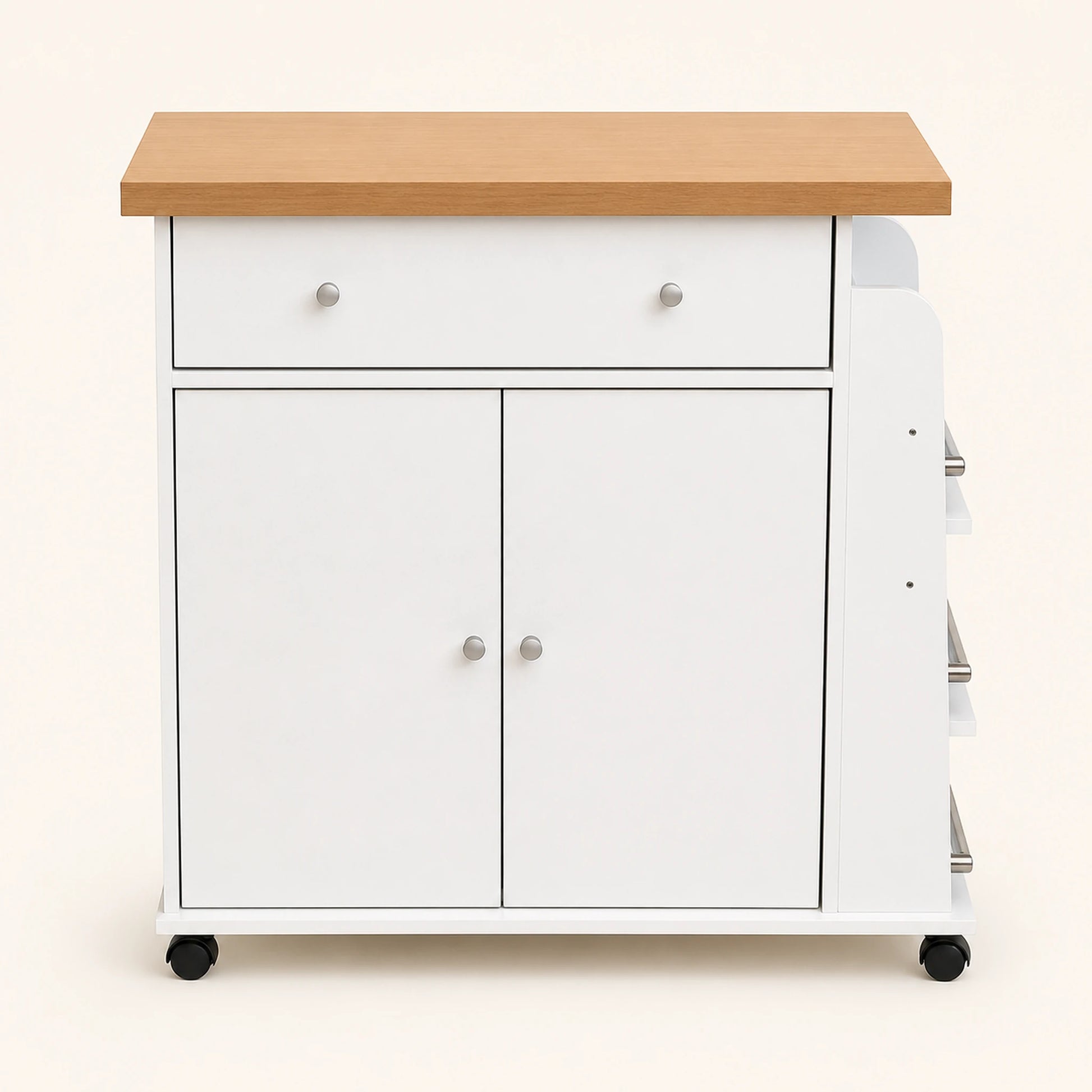 Vista frontal del carrito auxiliar de cocina Blanco / Roble con cajón y gabinete