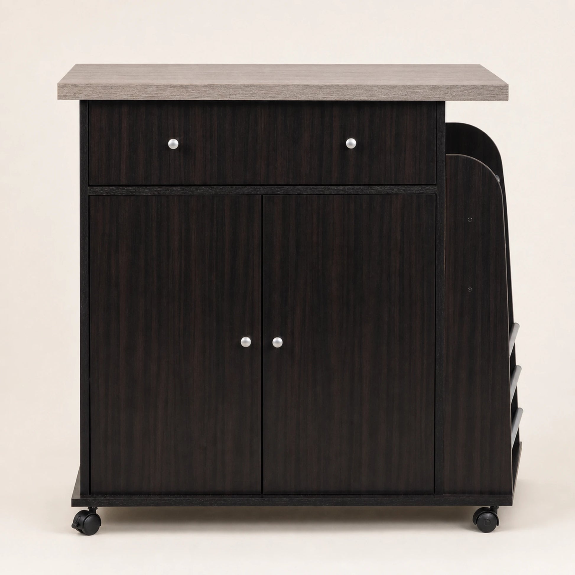 Vista frontal del carrito auxiliar de cocina Café Oscuro / Gris Ceniza con cajón y gabinete