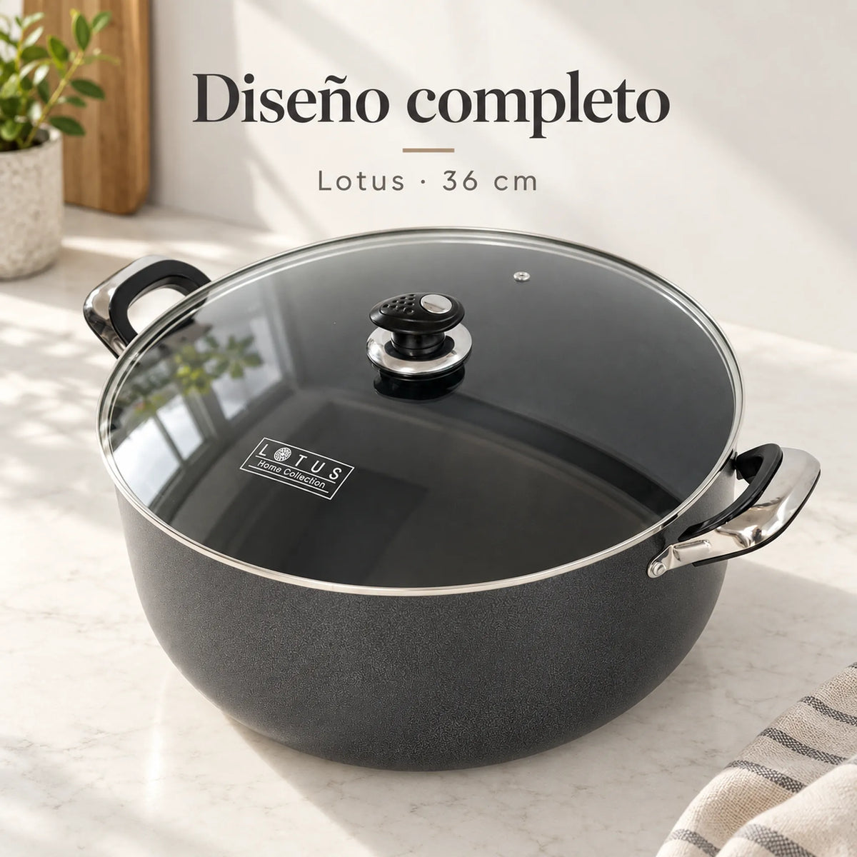 Vista completa de la olla antiadherente Lotus de 36 cm con tapa de vidrio y asas laterales