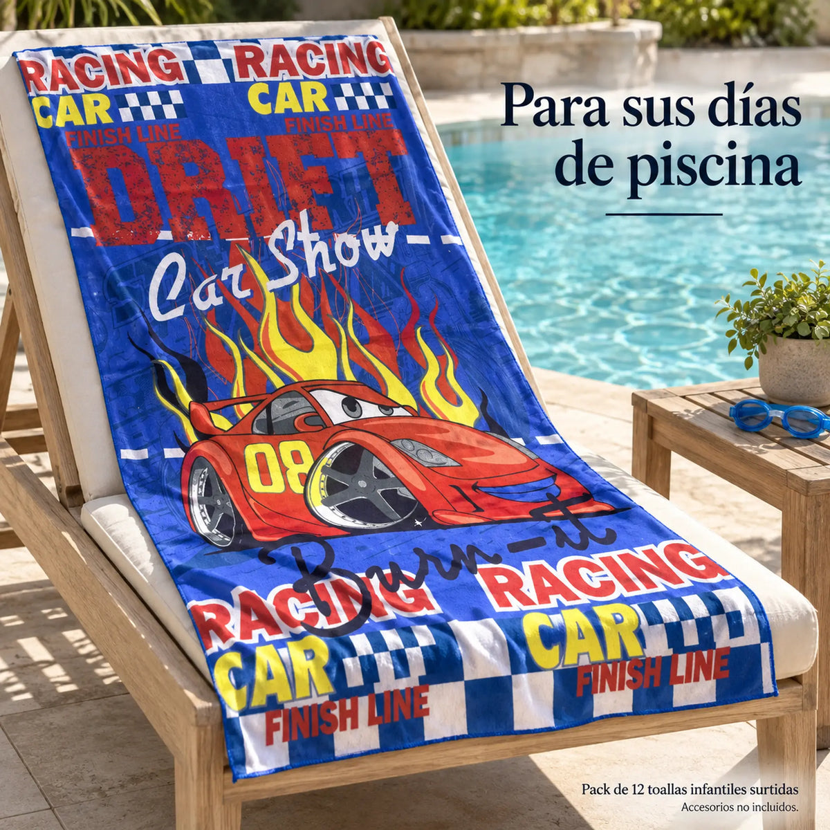 Pack de 12 Toallas Infantiles, diseño Racing Car Drift Car Show en uso junto a la piscina