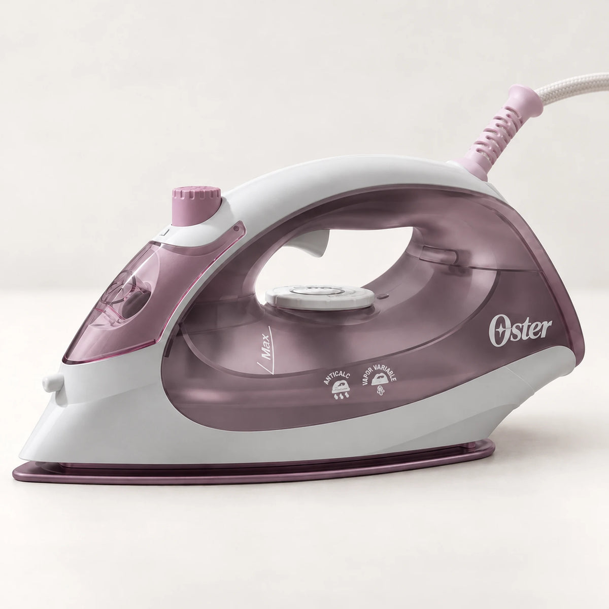 Plancha de vapor compacta rosada – perfil lateral