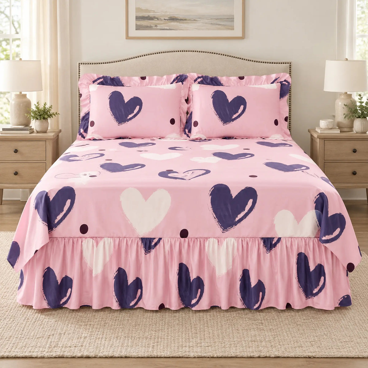 Juego de sábanas con vuelo 4 piezas, diseño Corazones Rosa y Morado – vista frontal