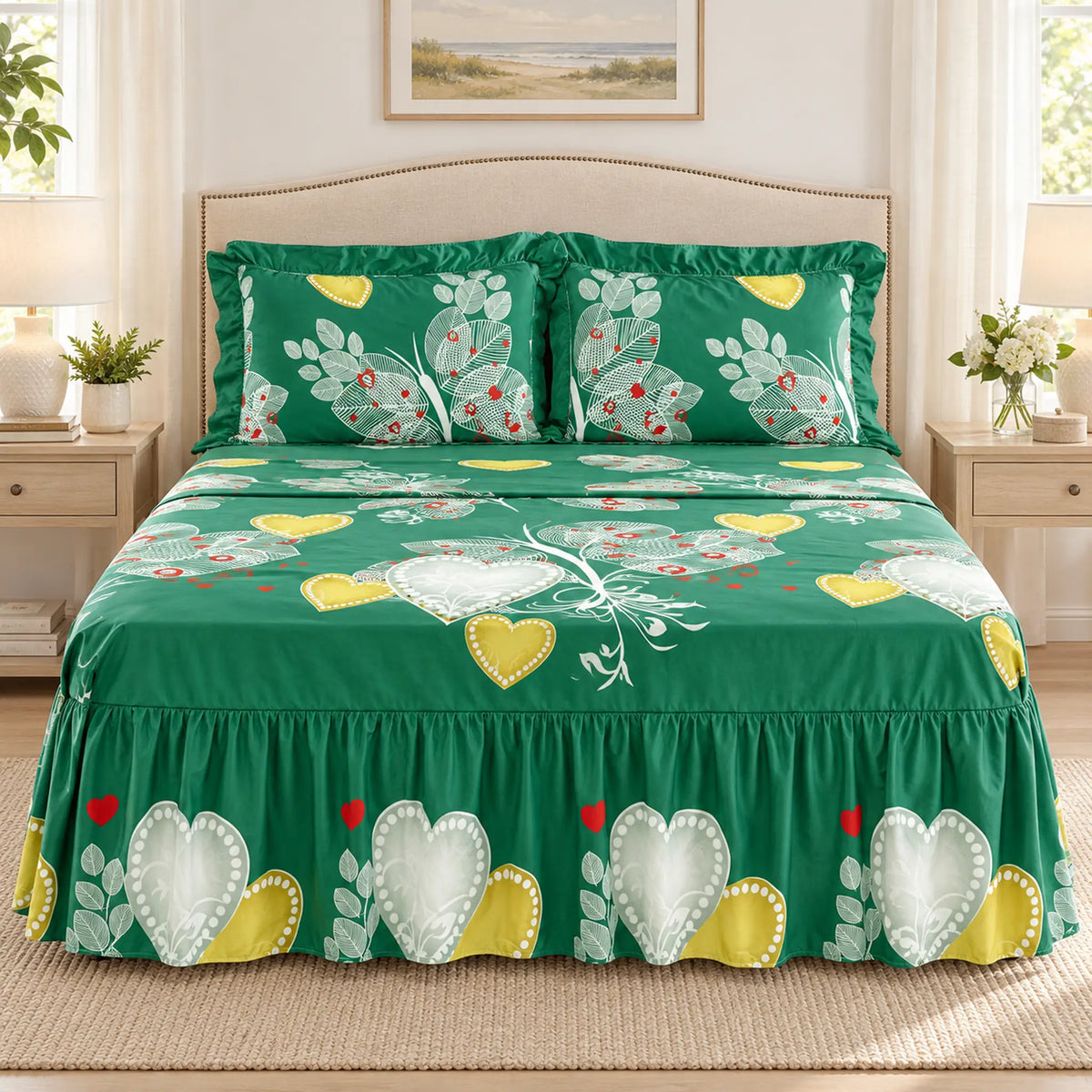 Juego de sábanas con vuelo 4 piezas, diseño Corazones Verde Esmeralda – vista frontal