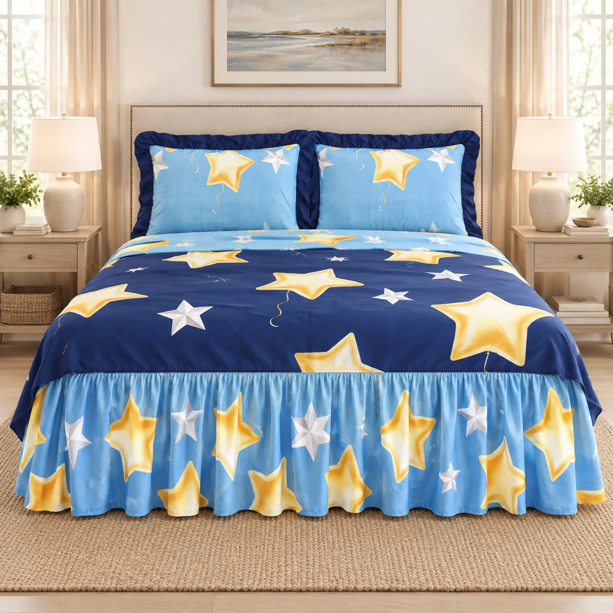 Juego de sábanas con vuelo 4 piezas, diseño Estrellas Doradas Azul – vista frontal