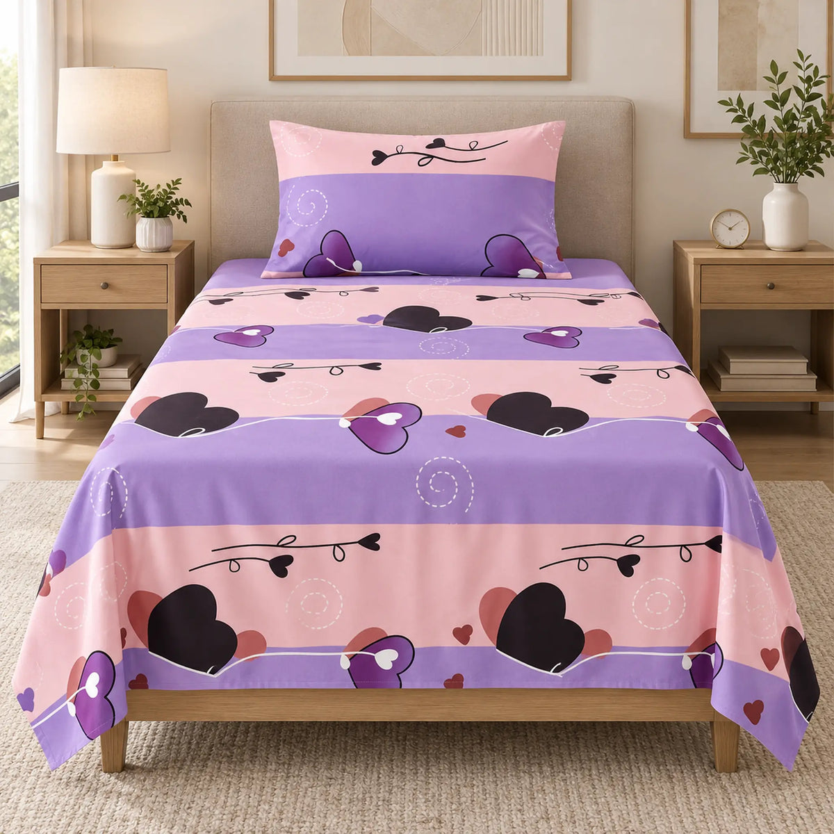 Juego de sábanas semimatrimonial 1.20 m, diseño Corazones Lila y Rosa – vista frontal