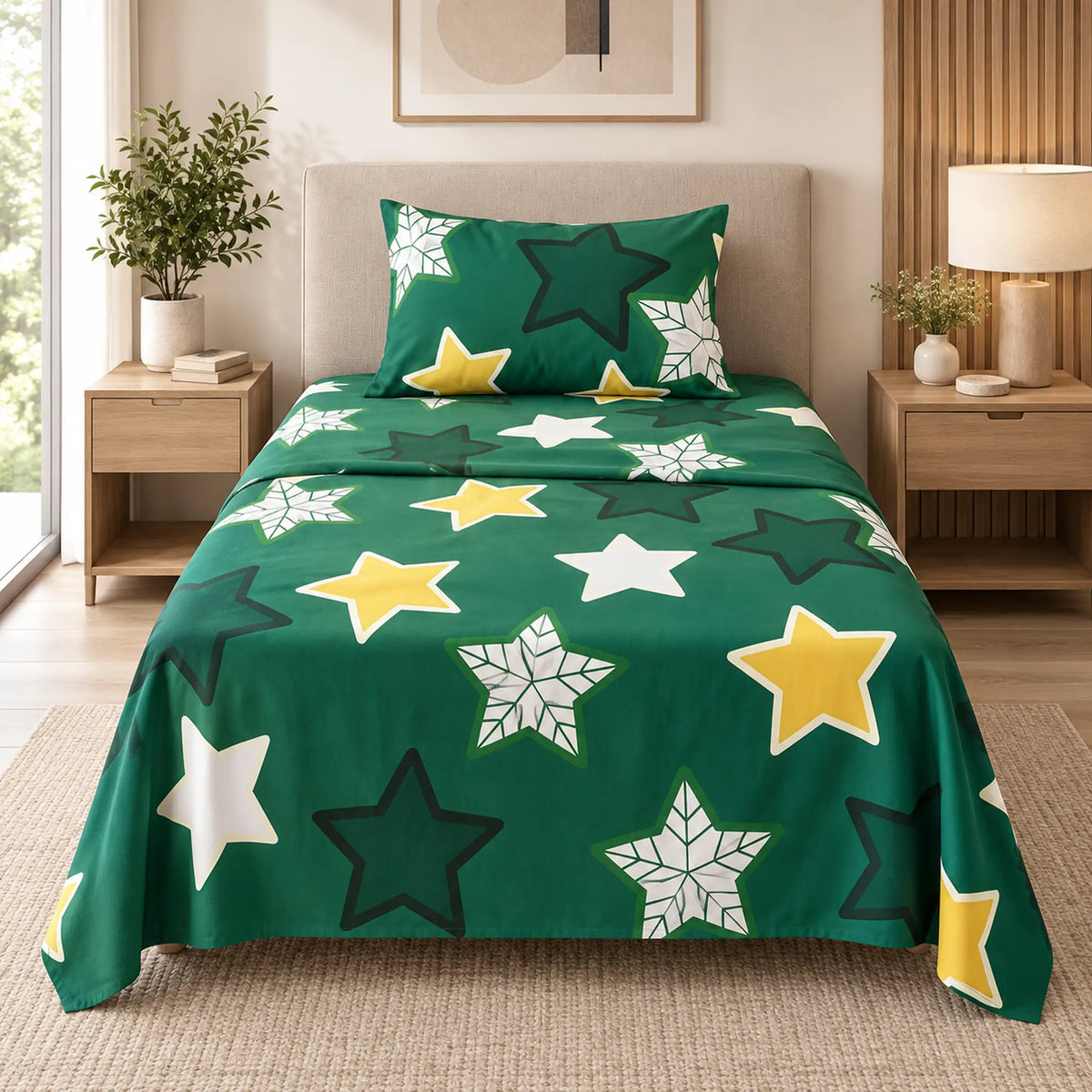 Juego de sábanas semimatrimonial 1.20 m, diseño Estrellas Verde Esmeralda – vista frontal