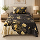 Juego de sábanas semimatrimonial 1.20 m, diseño Flores Doradas Fondo Negro – vista frontal