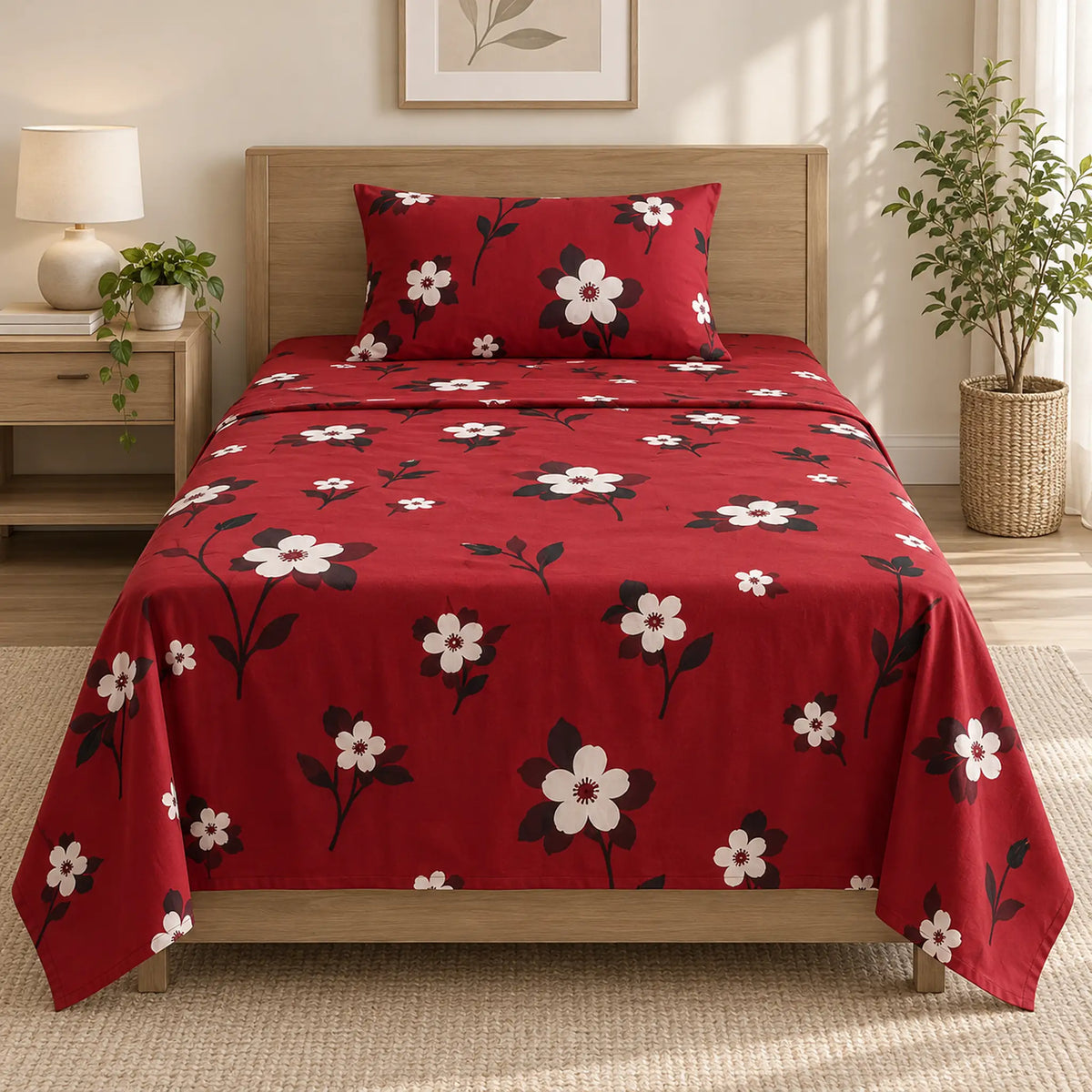 Juego de sábanas semimatrimonial 1.20 m, diseño Flores Blancas Fondo Rojo – vista frontal