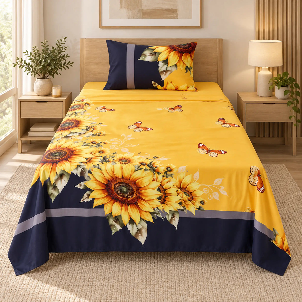 Juego de sábanas semimatrimonial 1.20 m, diseño Girasoles y Mariposas Amarillas – vista frontal