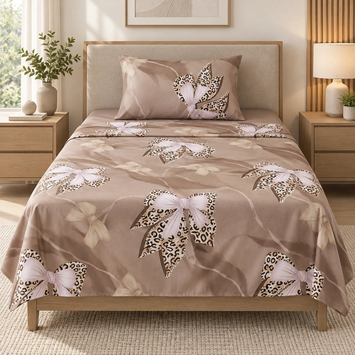Juego de sábanas semimatrimonial 1.20 m, diseño Lazos Beige Leopardo – vista frontal