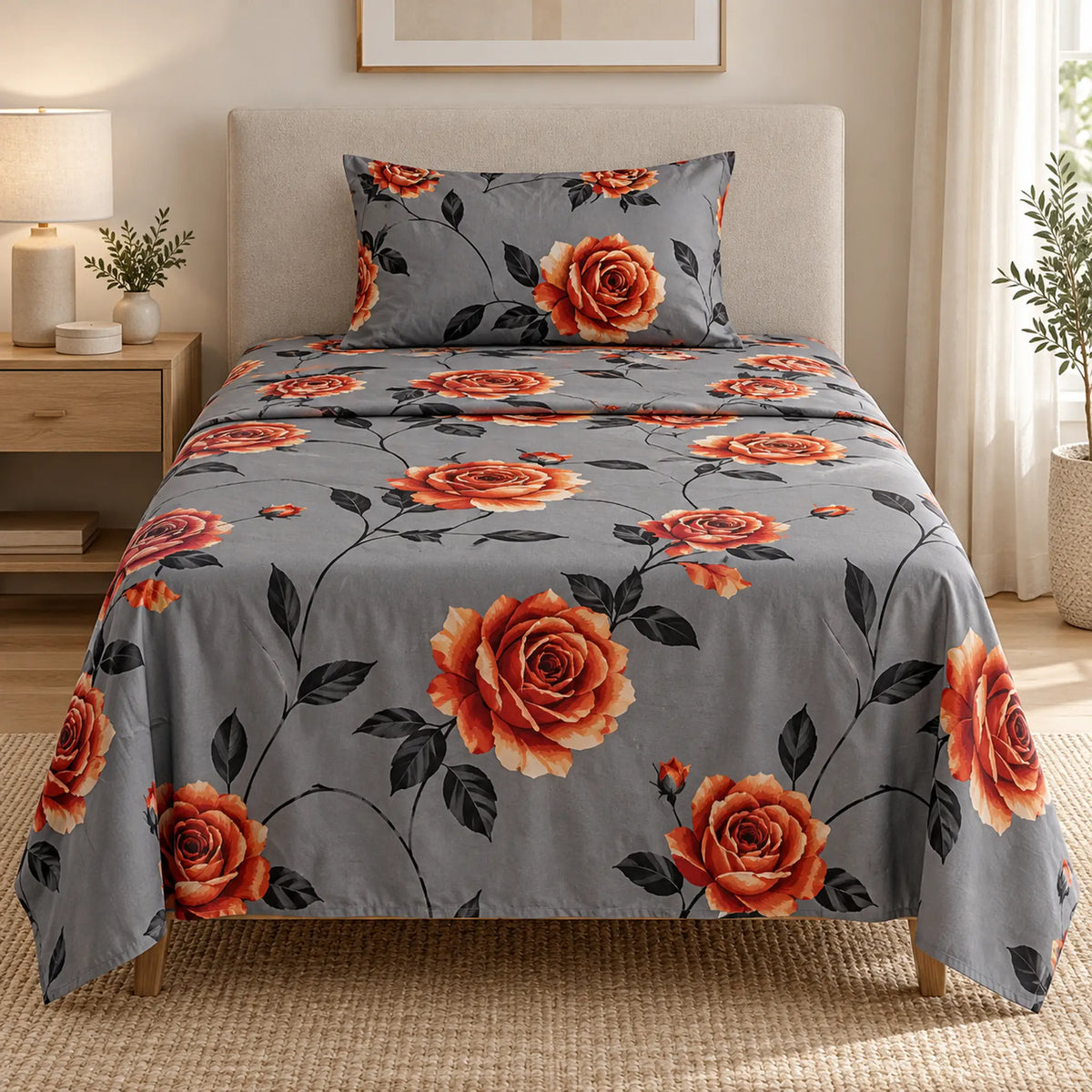 Juego de sábanas semimatrimonial 1.20 m, diseño Rosas Naranjas Fondo Gris – vista frontal