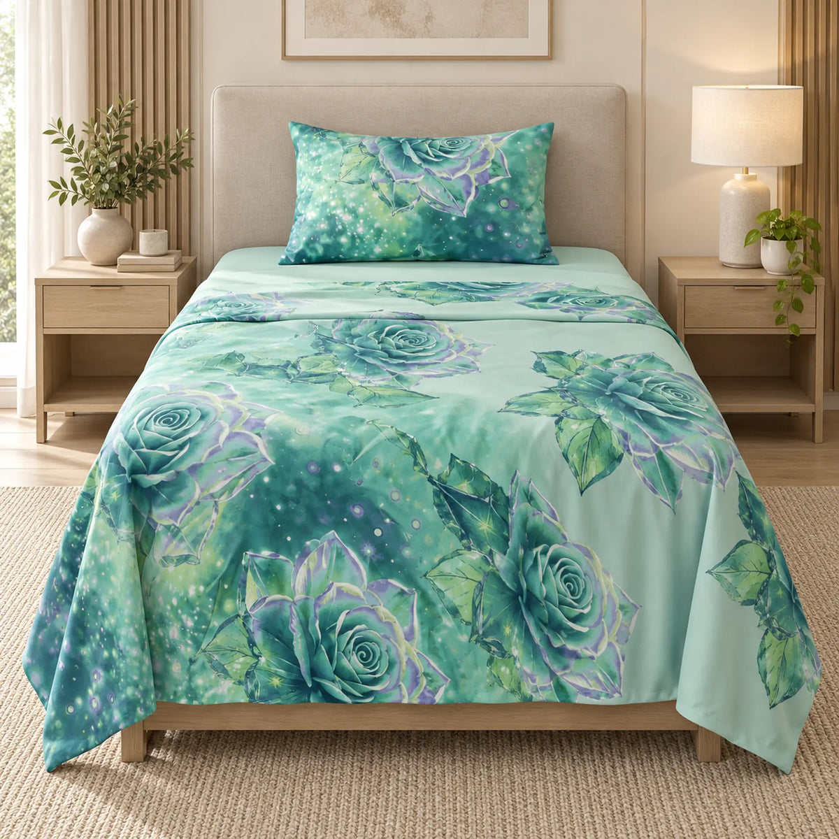 Juego de sábanas semimatrimonial 1.20 m, diseño Rosas Verde Agua – vista frontal