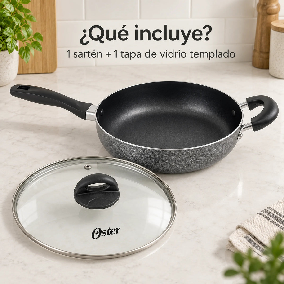 Contenido: sartén para saltear Oster y tapa de vidrio templado