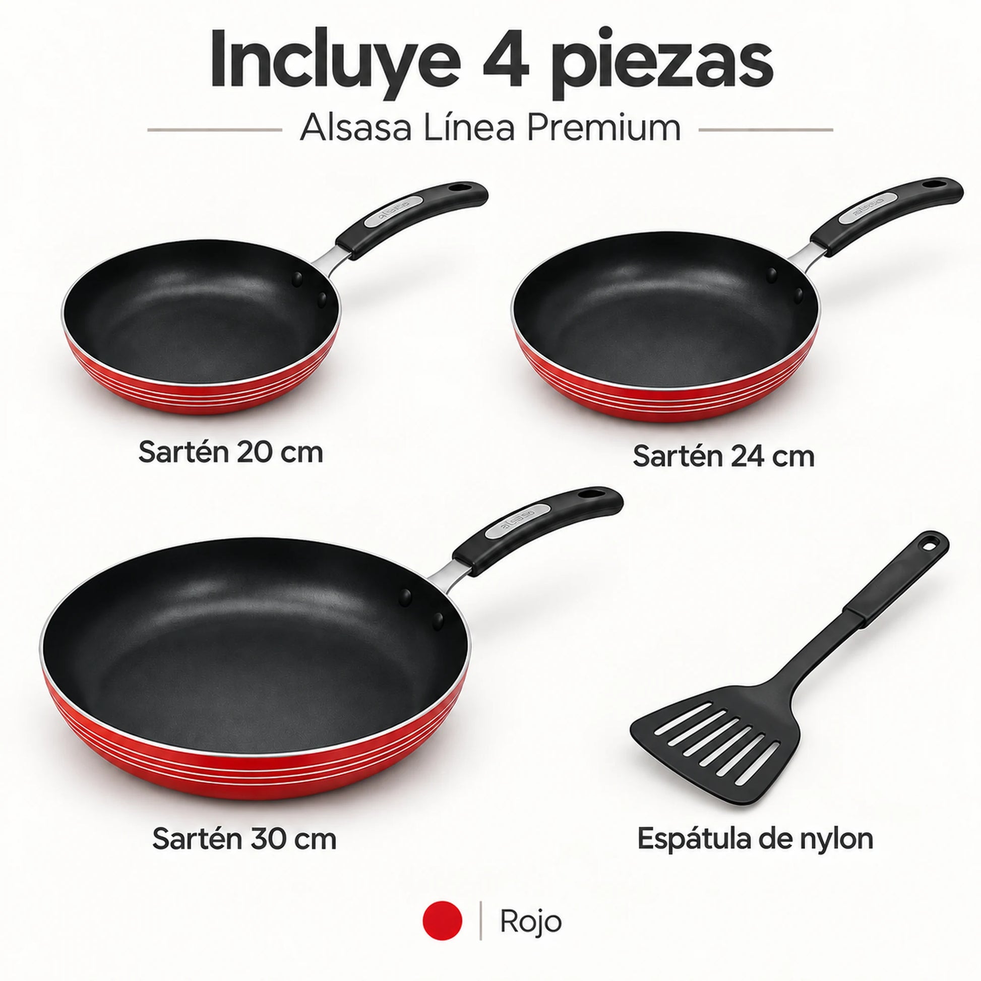 Contenido del set de sartenes Alsasa: 20, 24 y 30 cm en rojo