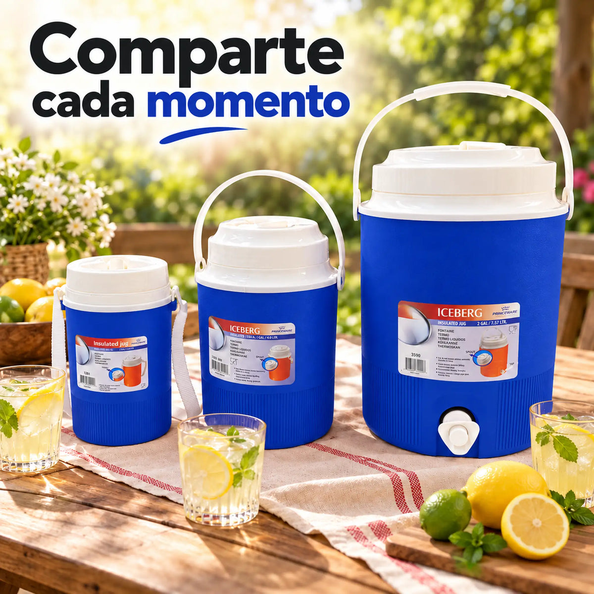 Set de 3 termos para líquidos color azul – en uso en un picnic