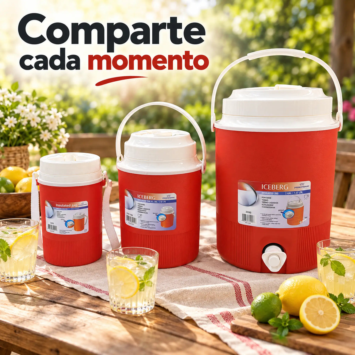 Set de 3 termos para líquidos color rojo – en uso en un picnic