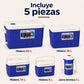 Las 5 piezas del set de hieleras Lotus en azul con sus capacidades