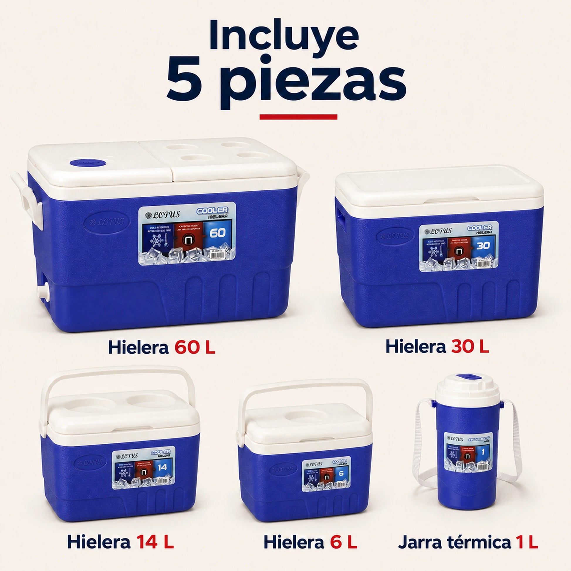 Las 5 piezas del set de hieleras Lotus en azul con sus capacidades