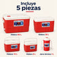 Las 5 piezas del set de hieleras Lotus en rojo con sus capacidades
