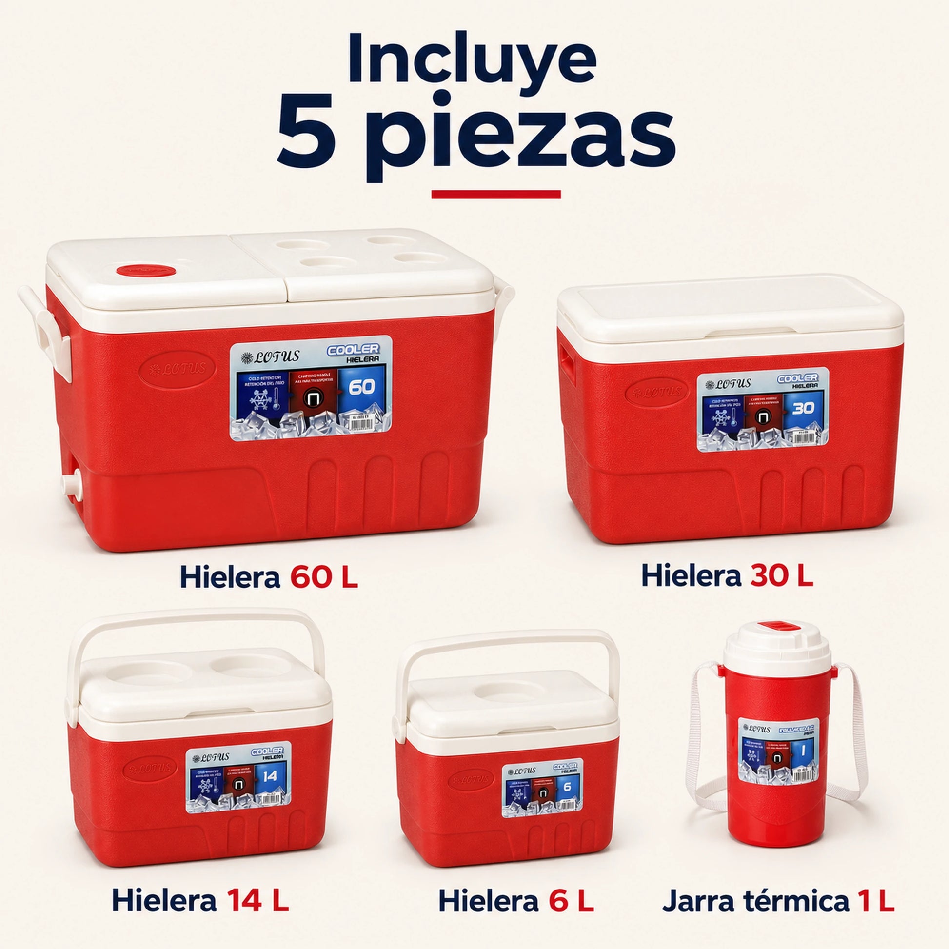 Las 5 piezas del set de hieleras Lotus en rojo con sus capacidades