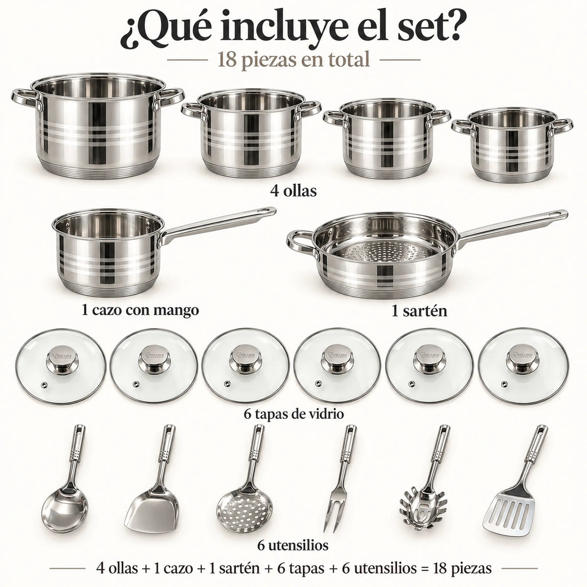 Contenido del set: ollas, sartén y utensilios de la batería de cocina Toscana Epicure