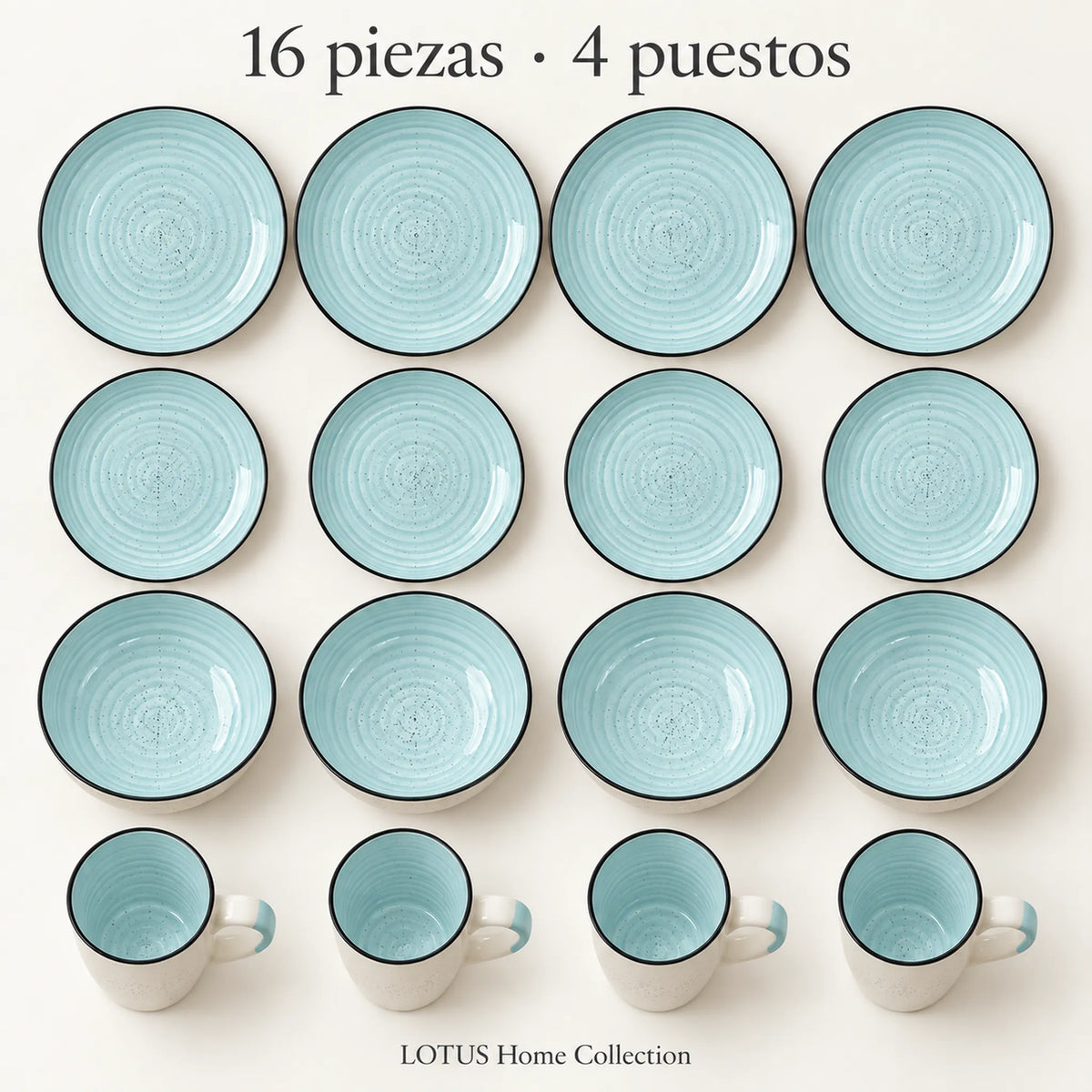 Vista superior del juego de vajilla Lotus de 16 piezas color Celeste, 4 puestos