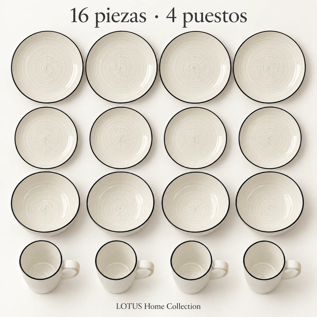 Vista superior del juego de vajilla Lotus de 16 piezas color Crema, 4 puestos
