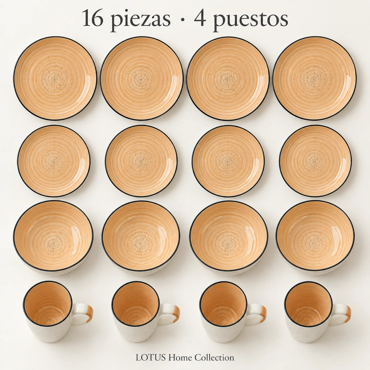 Vista superior del juego de vajilla Lotus de 16 piezas color Durazno, 4 puestos