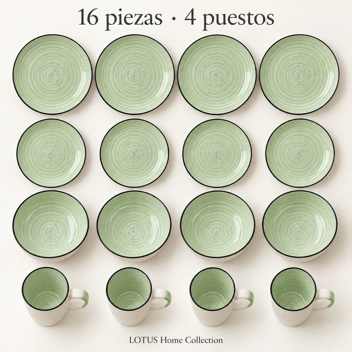 Vista superior del juego de vajilla Lotus de 16 piezas color Verde Salvia, 4 puestos