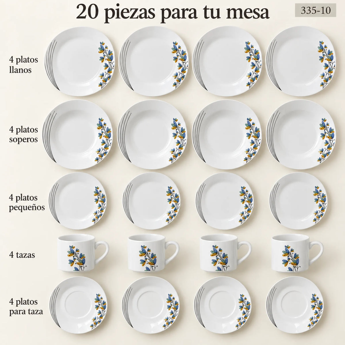 Set completo de la vajilla de porcelana Lotus en el diseño Mariposas Aqua