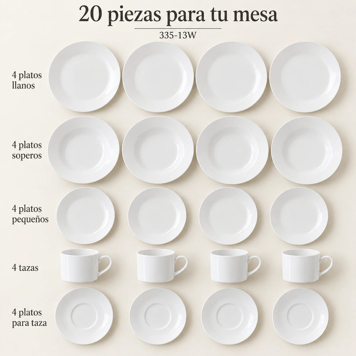 Set completo de la vajilla de porcelana Lotus en el diseño Blanco Clásico