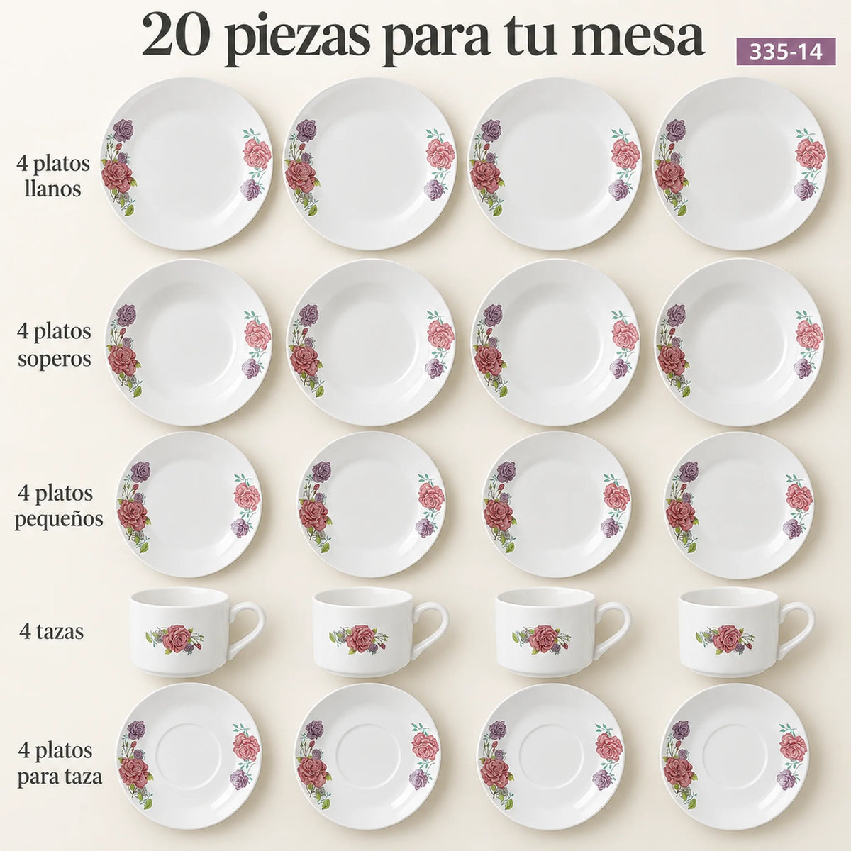 Set completo de la vajilla de porcelana Lotus en el diseño Peonías Románticas