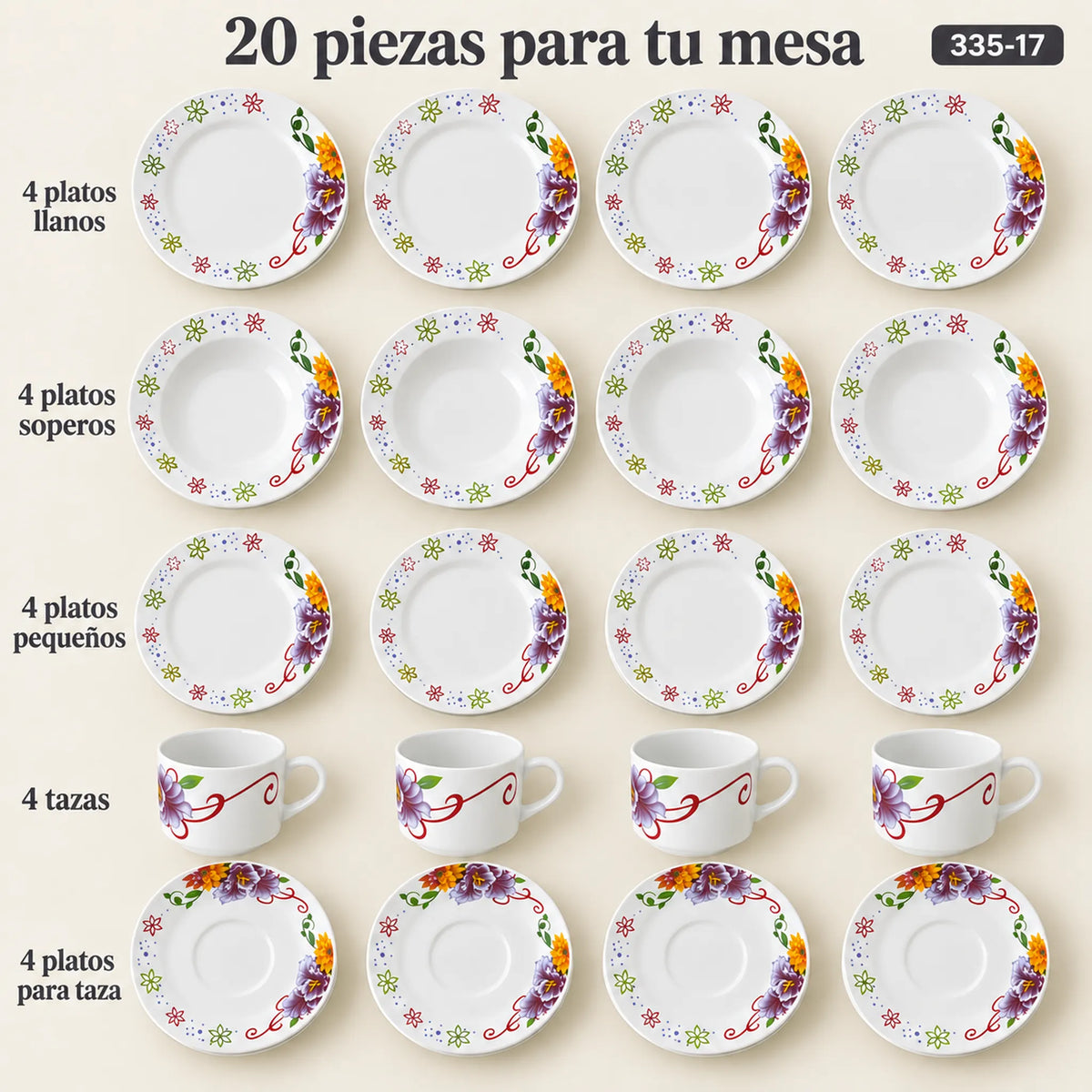 Set completo de la vajilla de porcelana Lotus en el diseño Jardín Primavera