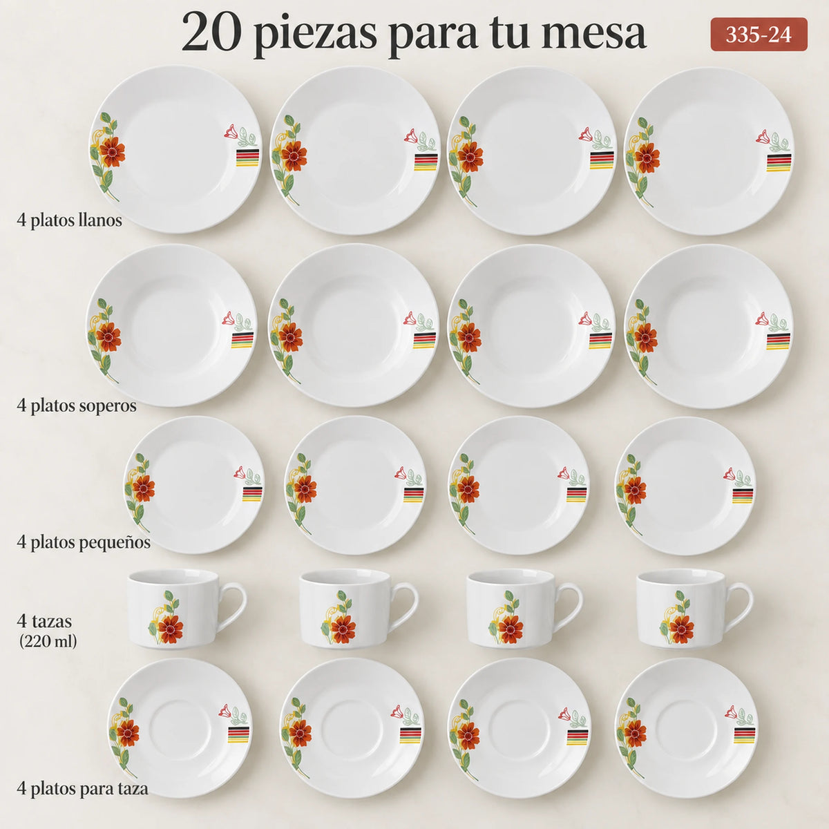 Set completo de la vajilla de porcelana Lotus en el diseño Tulipán Lineal