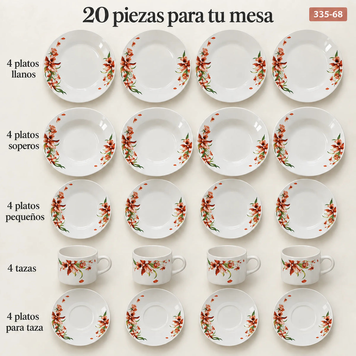 Set completo de la vajilla de porcelana Lotus en el diseño Lirio Coral