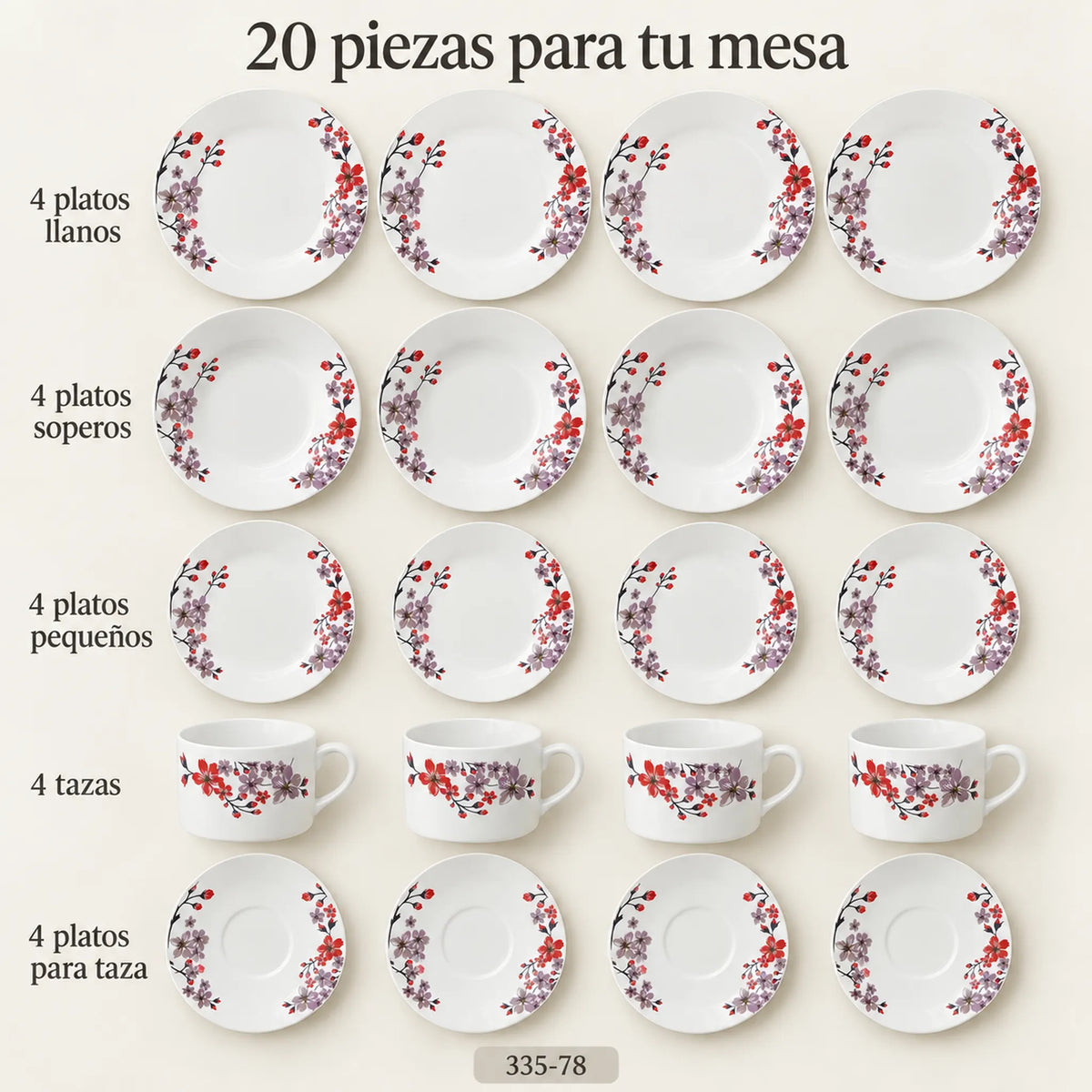Set completo de la vajilla de porcelana Lotus en el diseño Flor de Cerezo