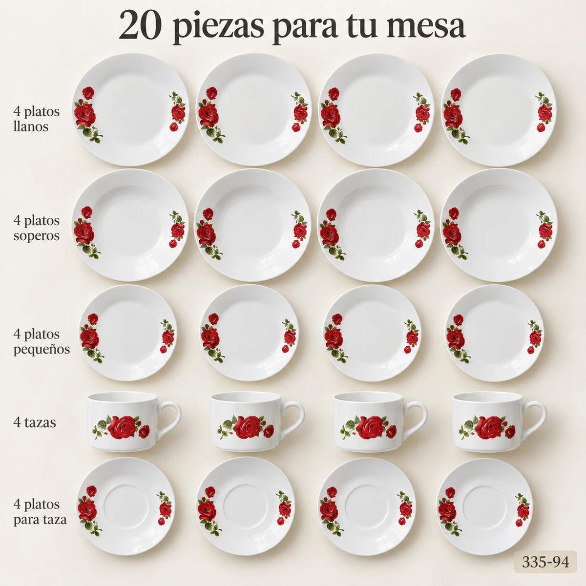 Set completo de la vajilla de porcelana Lotus en el diseño Rosa Imperial