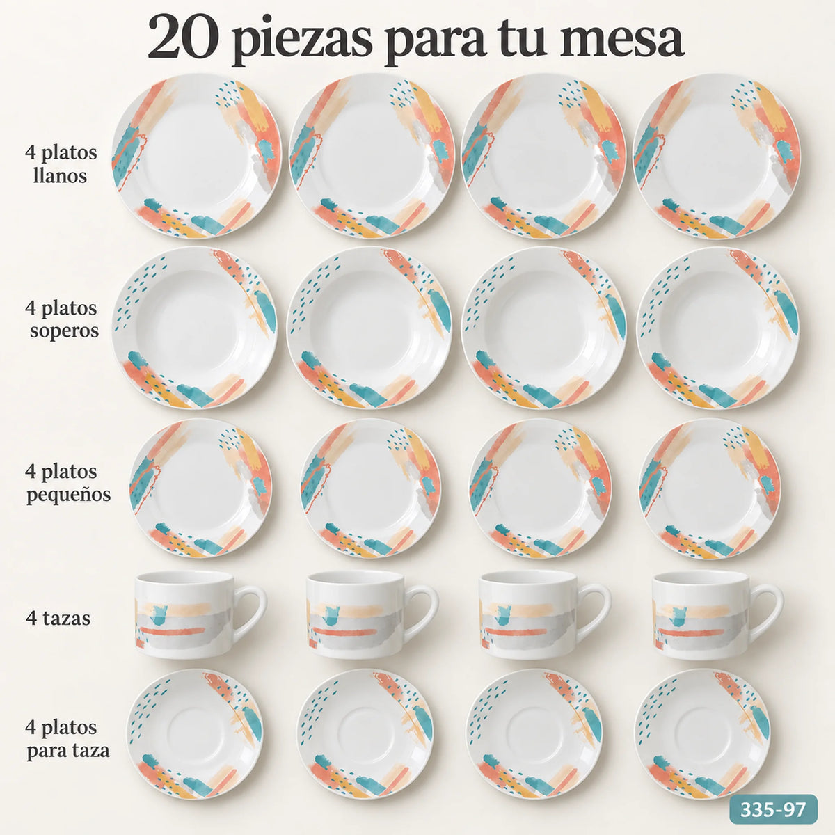 Set completo de la vajilla de porcelana Lotus en el diseño Acuarela Coral