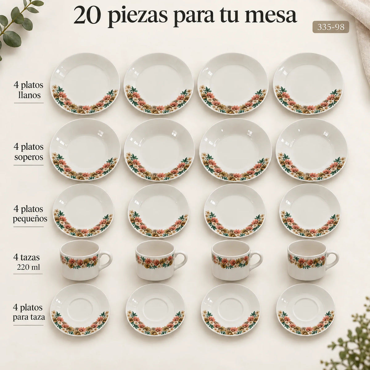 Set completo de la vajilla de porcelana Lotus en el diseño Jardín Toscana