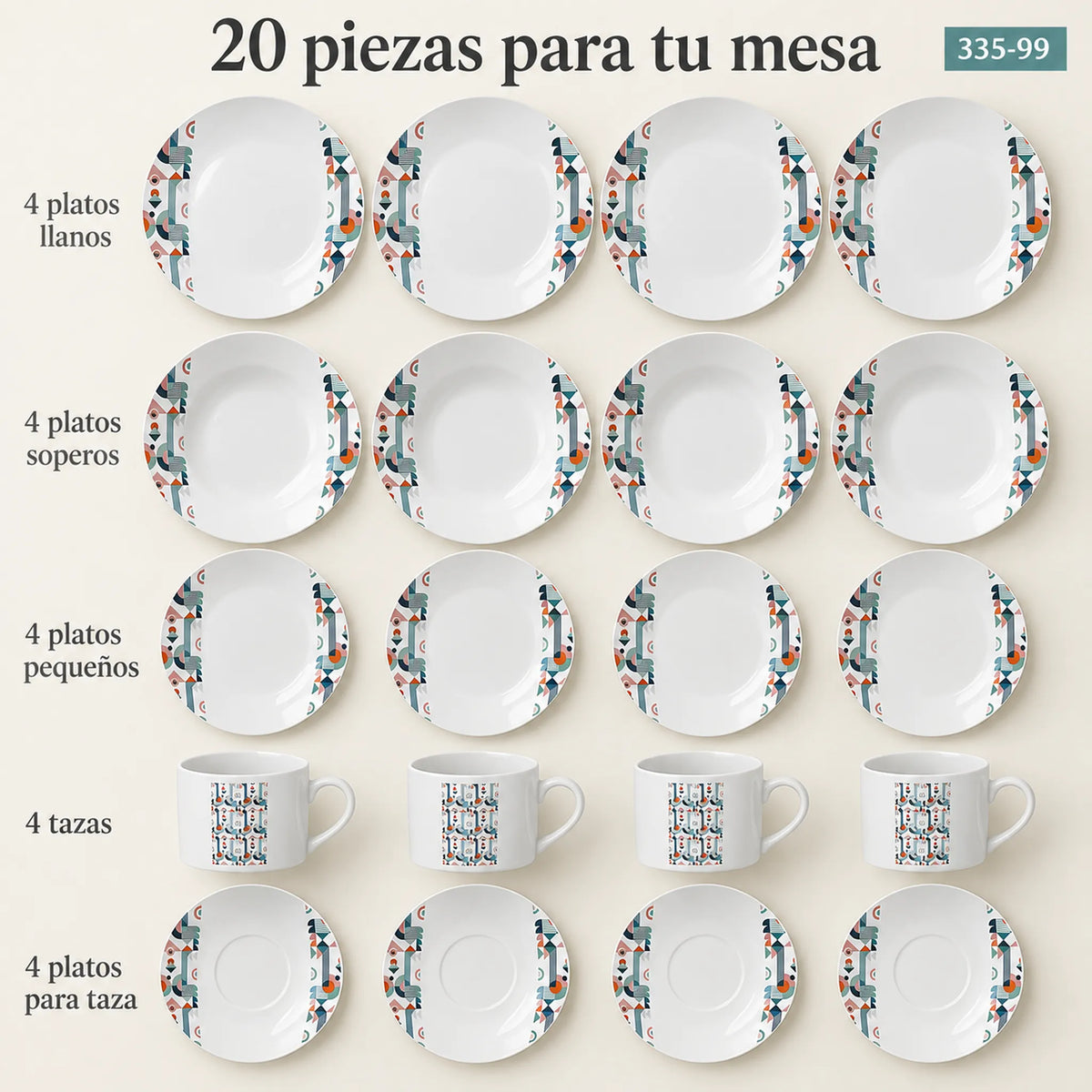 Set completo de la vajilla de porcelana Lotus en el diseño Mosaico Nórdico